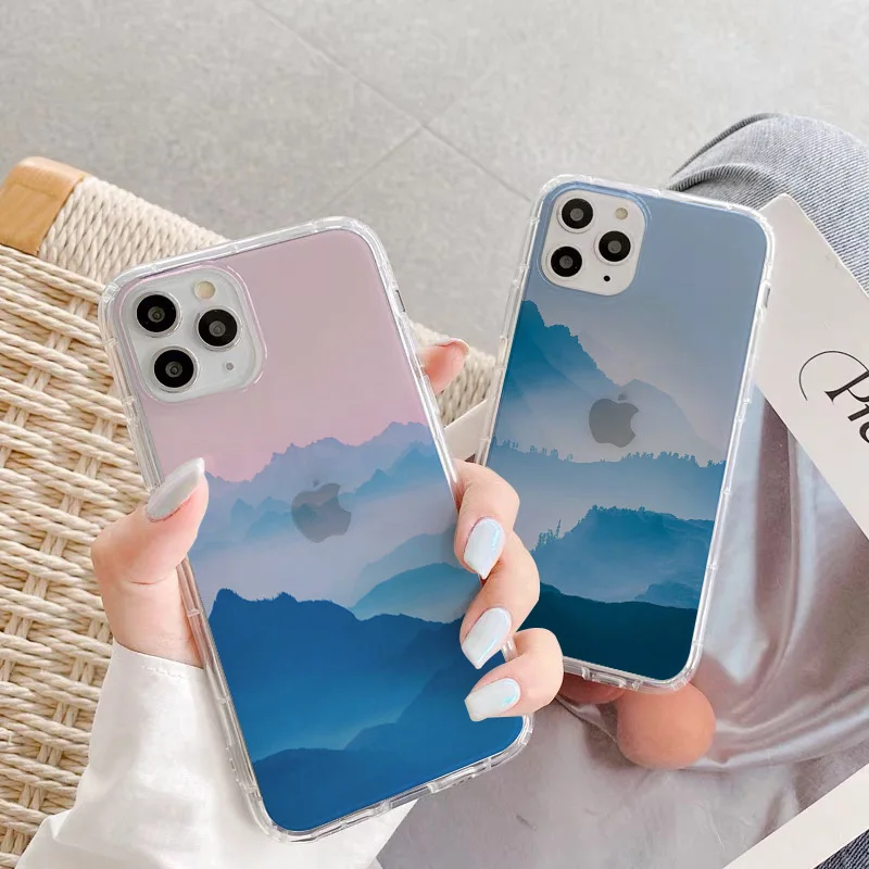 

Retro Art Painting Landscape Clouds mountains Phone Case For iPhone 12 11 13 Pro Max 7 8 Plus SE 2 XR XS Max X Soft Clear Cover