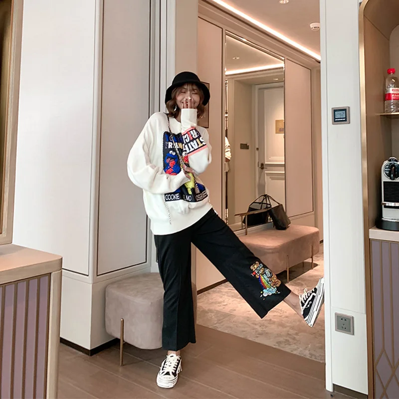 Женские широкие брюки с мультяшным рисунком Свободные шерстяные зима 2020|Брюки| |