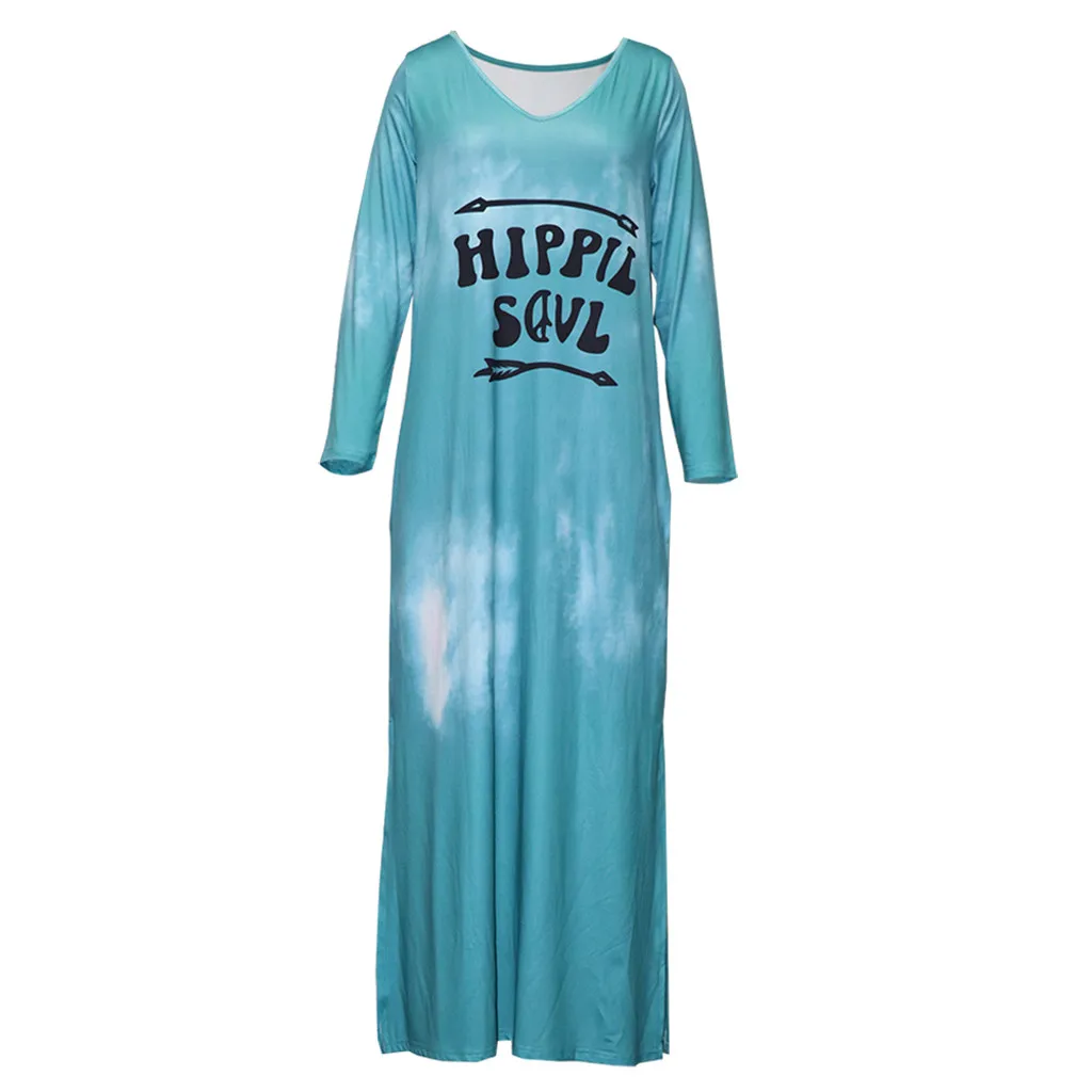 Tie Dye длинное платье для женщин хиппи душа печати о-образным вырезом свободного покроя с длинным рукавом рубашка макси платья размера плюс сплит винтажное платье