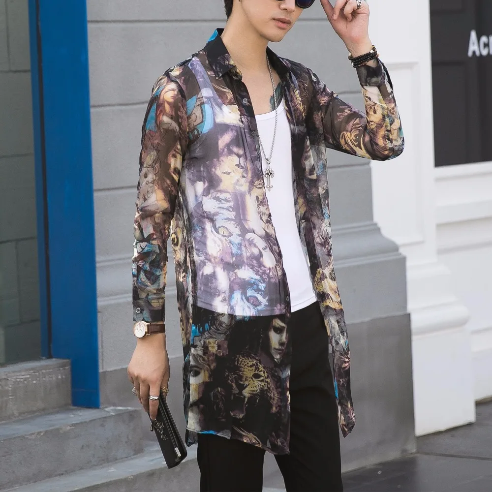 Новинка 2019 Мужская одежда стильная длинная рубашка с саржевым экраном и цифровой