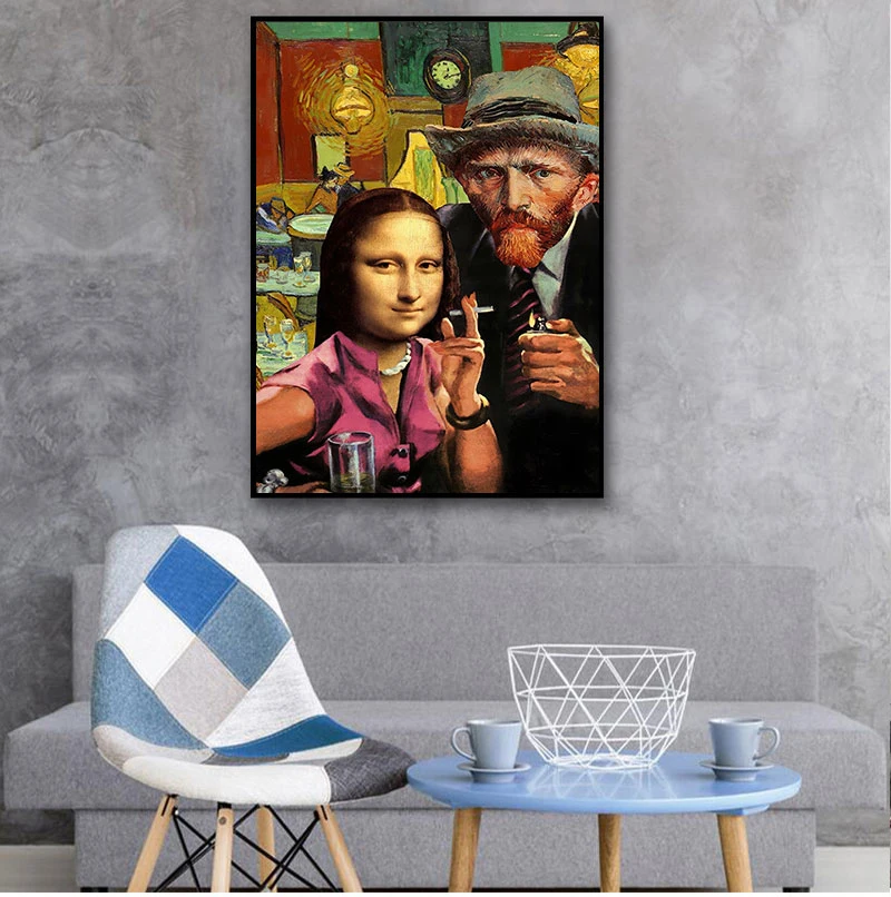 Забавное искусство Мона Лиза и Ван Гога курительные картины на холсте фотообои