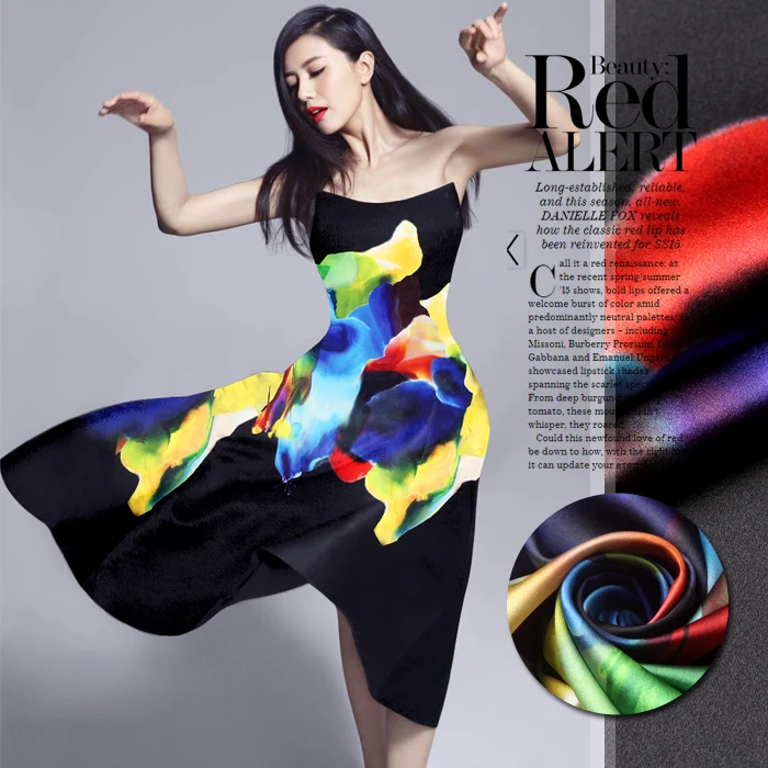 Шелковая стрейчевая атласная ткань 19 Момми шириной 118 см черная с цифровой