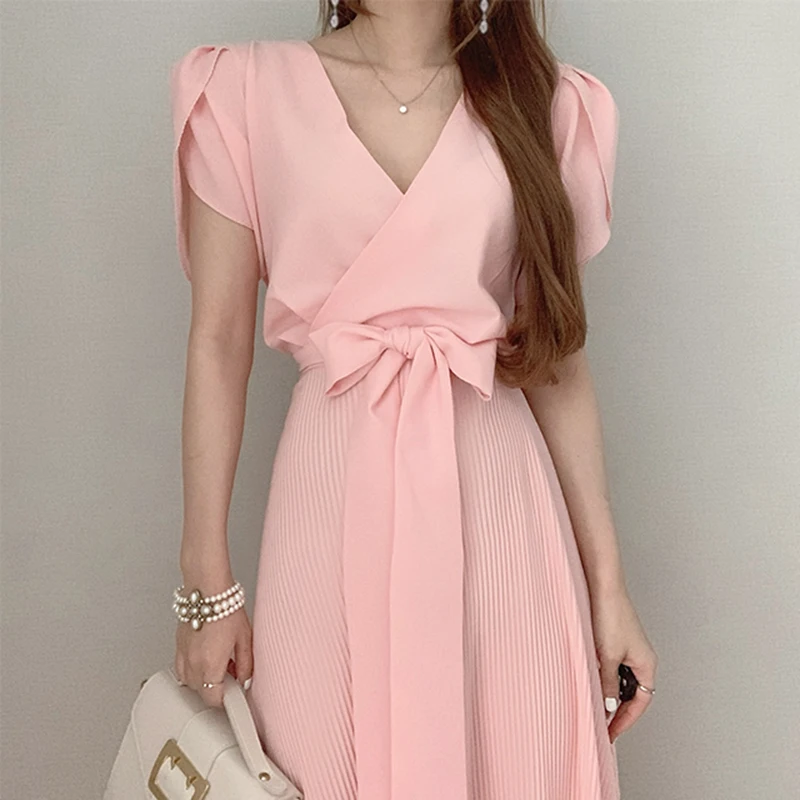

ZAWAHIKI Korean Elegant Women's Dress Summer 2021 V Neck Bandage Bow High Waist Puff Sleeve Solid Dress Pleated Long Dress