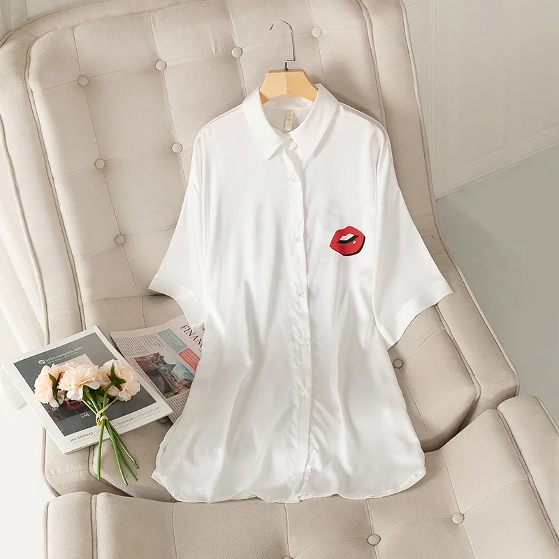 

2021 Summer New Satin Sleep Shirt Casual Women Nightgown Sleepwear Loose Nightshirt Intimate Lingerie Print Home Dressing Gown