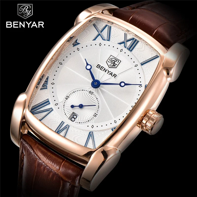 

BENYAR New Fashion Mens Watches Top Brand Luxury Big Dial Military Quartz Clock Leather Waterproof Sport Chronograph Watch Male