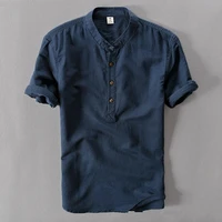 helisopus men casual cotton linen shirts autumn brand short sleeve shirt mandarin collar solid color retro shirt tees