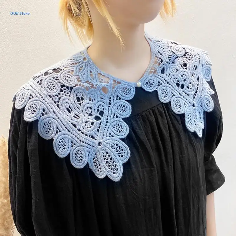 

Women Hollow Out Crochet Fake Collar Floral Lace Solid Color Lolita Big Shawl Detachable Button Short Poncho Capelet