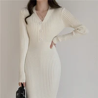 tight fitting knitted dress female evening party tunic v neck pullover long vintage autumn winter 2021 elegant sweater dresses