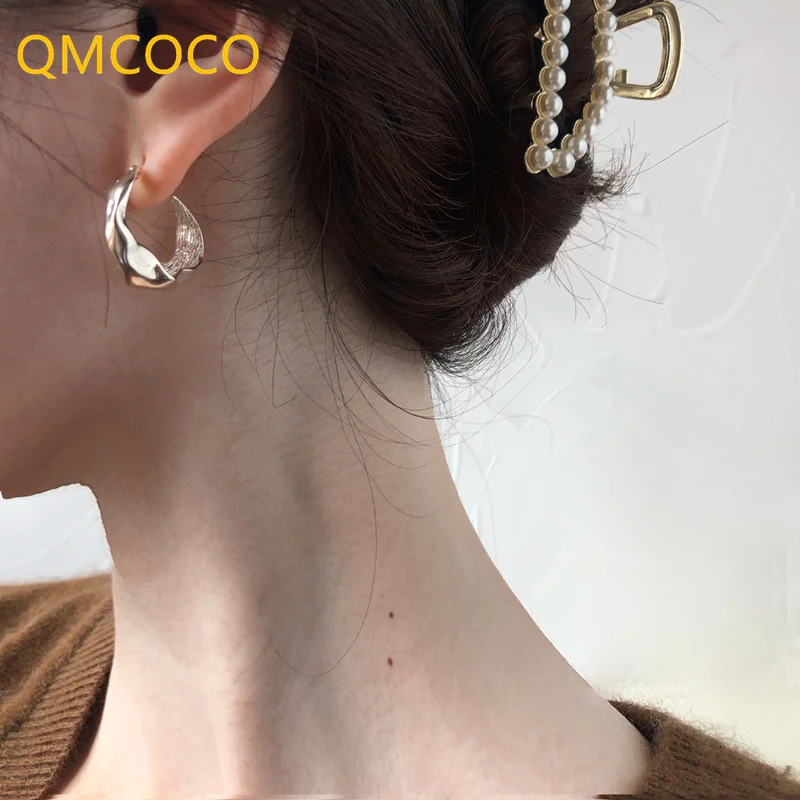 

QMCOCO Silver Color Hoop Earrings For Women New Trendy Vintage Elegant Irregular Texture Party Jewelry Gifts Prevent Allergy