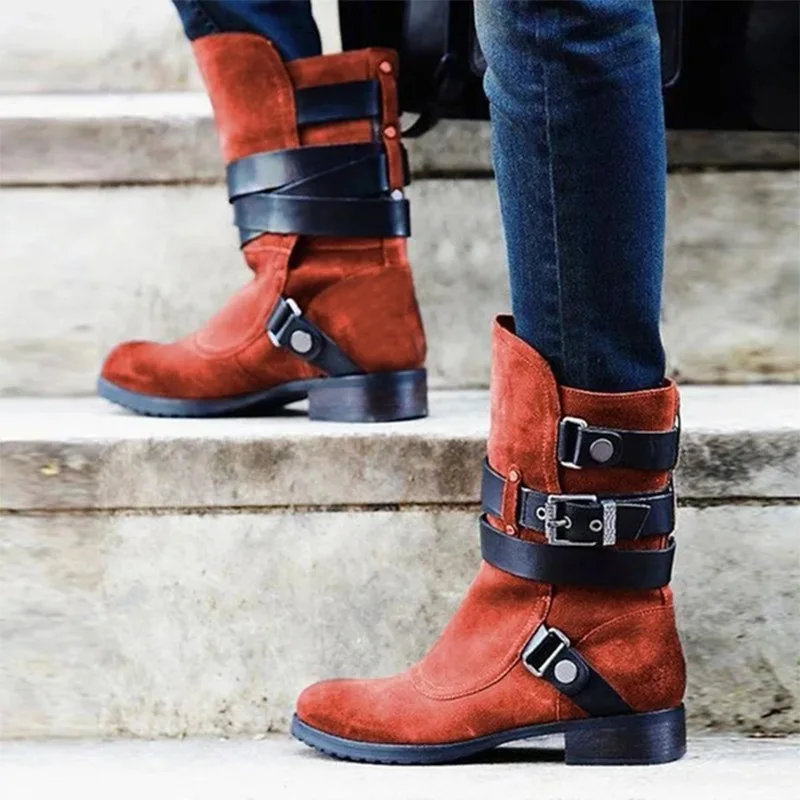 

New winter 2020 European and American flat heel Belt buckle Suede Leg boots Retro Knight boots Short boots