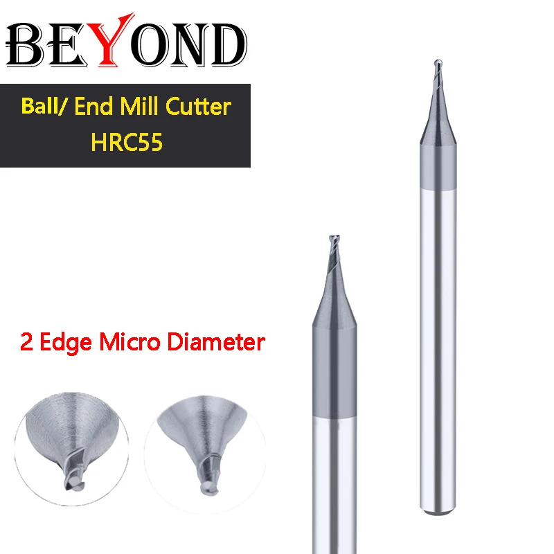

BEYOND 2 Edge Ball Type Vertical Milling Cutter Micro Diameter Carbide CNC Milling Machine Center 0.15-0.9 HRC55