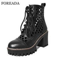 foreada gladiator shoes woman genuine leather platform boots block high heels mid calf boots round toe cross tied lady footwear