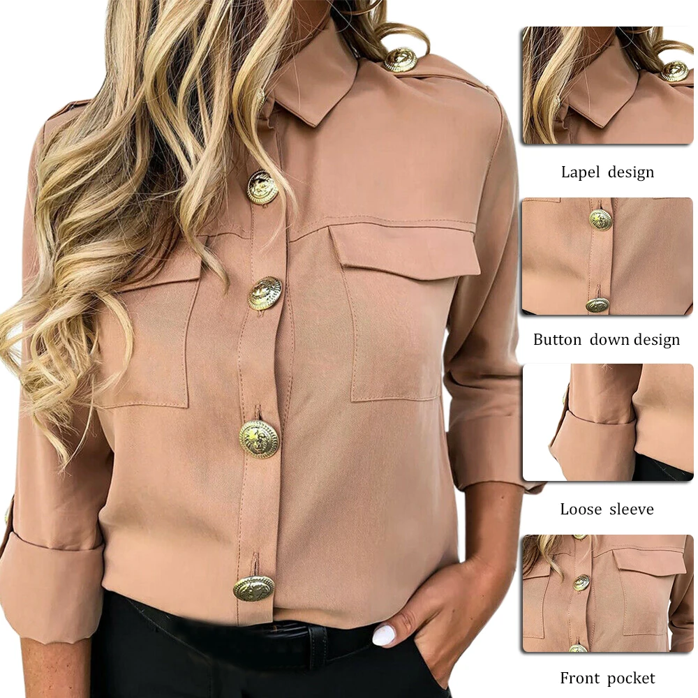 Топ Женский Повседневный на пуговицах рубашка в стиле милитари с карманами