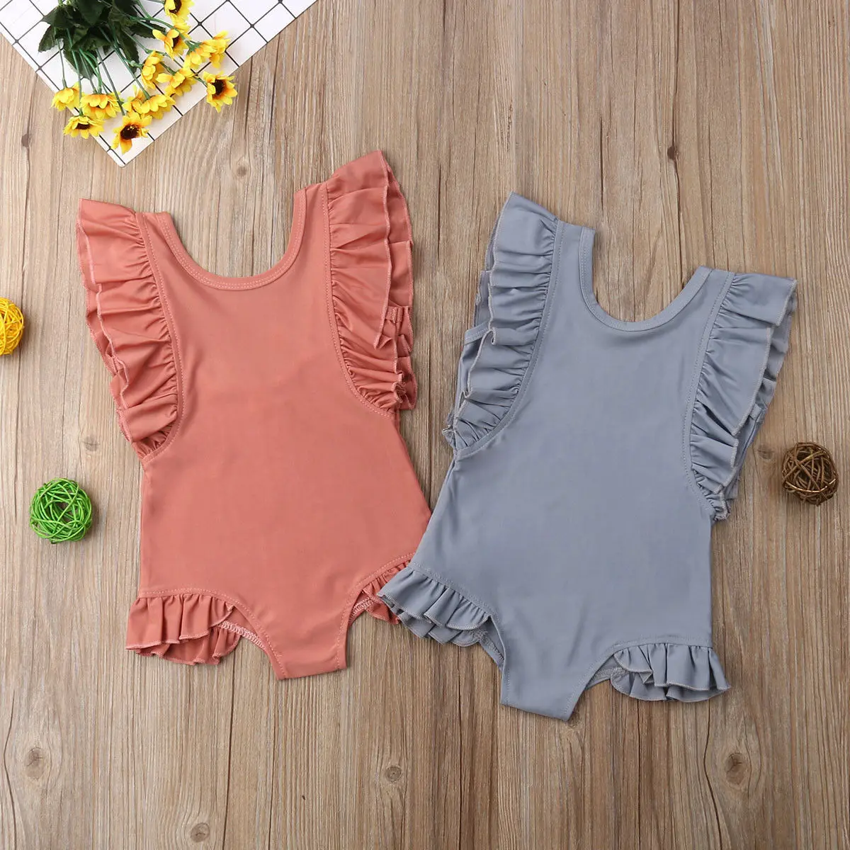 

New Kids Baby Girls Lovely Flying Sleeve Ruffle Swimsuit Solid Color Summer Swimsuit One Piece Bathing Swimming Suit