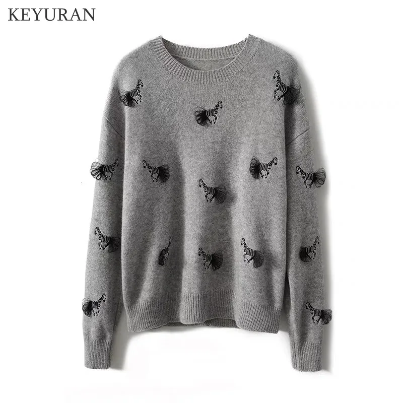 

Женский джемпер с круглым вырезом, Мягкий трикотажный пуловер с длинным рукавом и вышивкой зебры, с кисточками, Осень-зима 2021