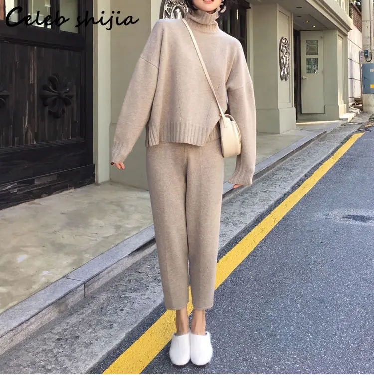 

New Autumn Turtleneck Sweater + Harem Pants Woman 2 Piece Sets Female Korean Style Business Streetwear Knitted Pant Sets Winter