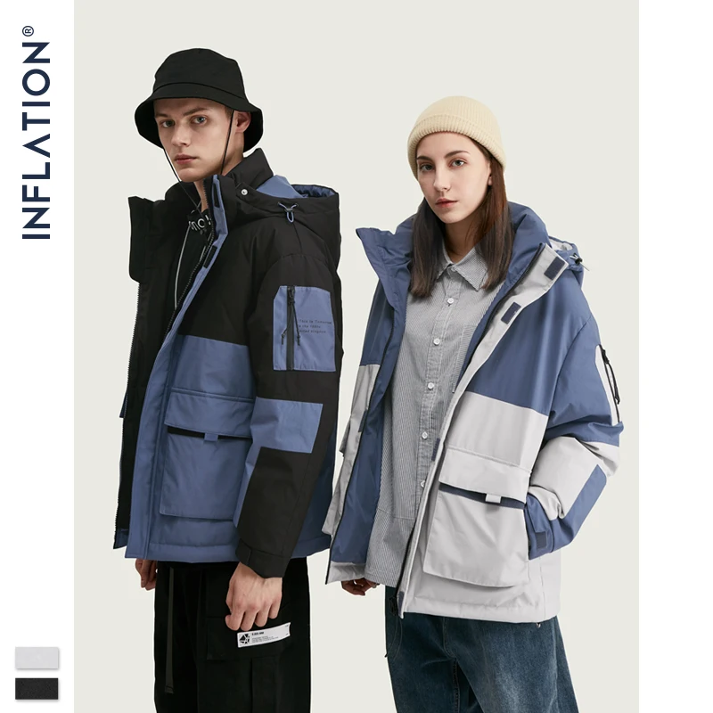 Надувной цветной мужской пуховик уличный с капюшоном и карманами зима 90% в стиле