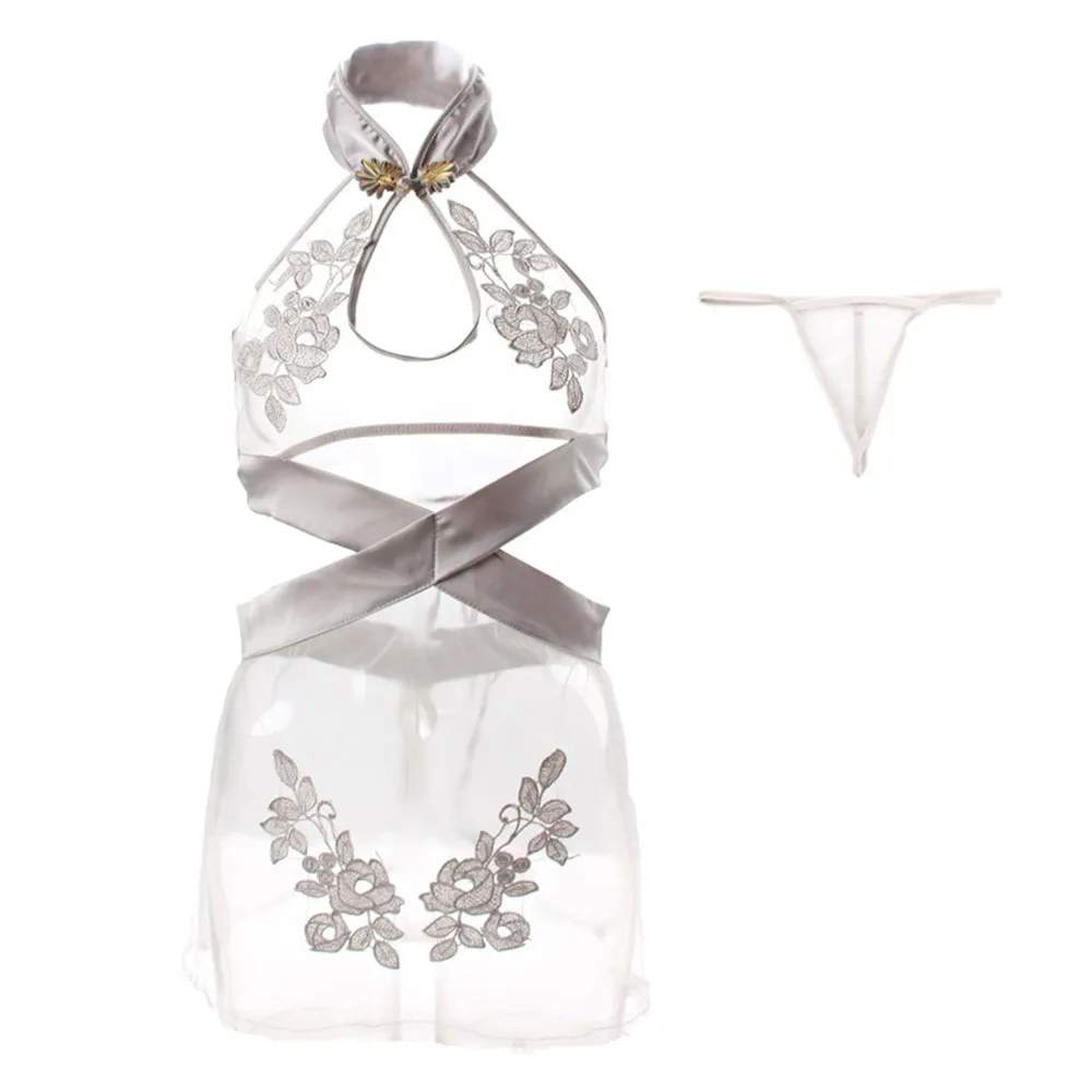 

Mesh See Through Chinese Split Mini Dress Qipao Traditional Cheongsam Lingerie Set Sexy Party Nightclub Uniform + Thong