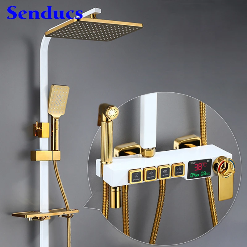 

Senducs White Gold Thermostatic Shower System Quality Brass Bathtub Mixer Faucets Rainfall Shower Head Digital Bath Shower Set