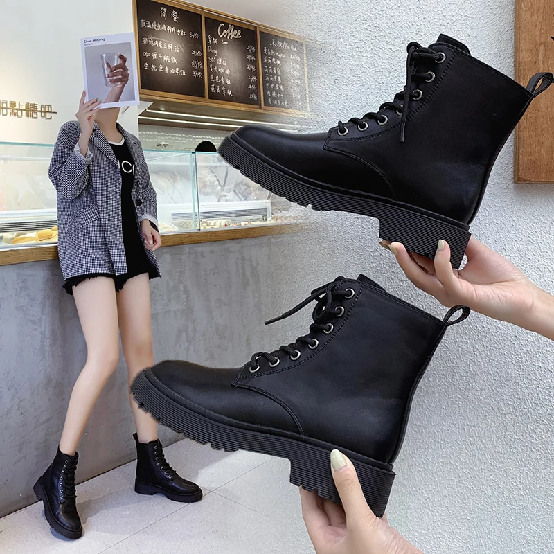 

Autumn Winter Ankle Boots Women White Black PU Leather Round Toe Lace Up Shoes Woman Fashion Motorcycle Platform Botas Plus Size