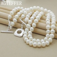 agteffer 8mm double white natural pearls chain necklace 925 sterling silver for women wedding engagement fashion charm jewelry