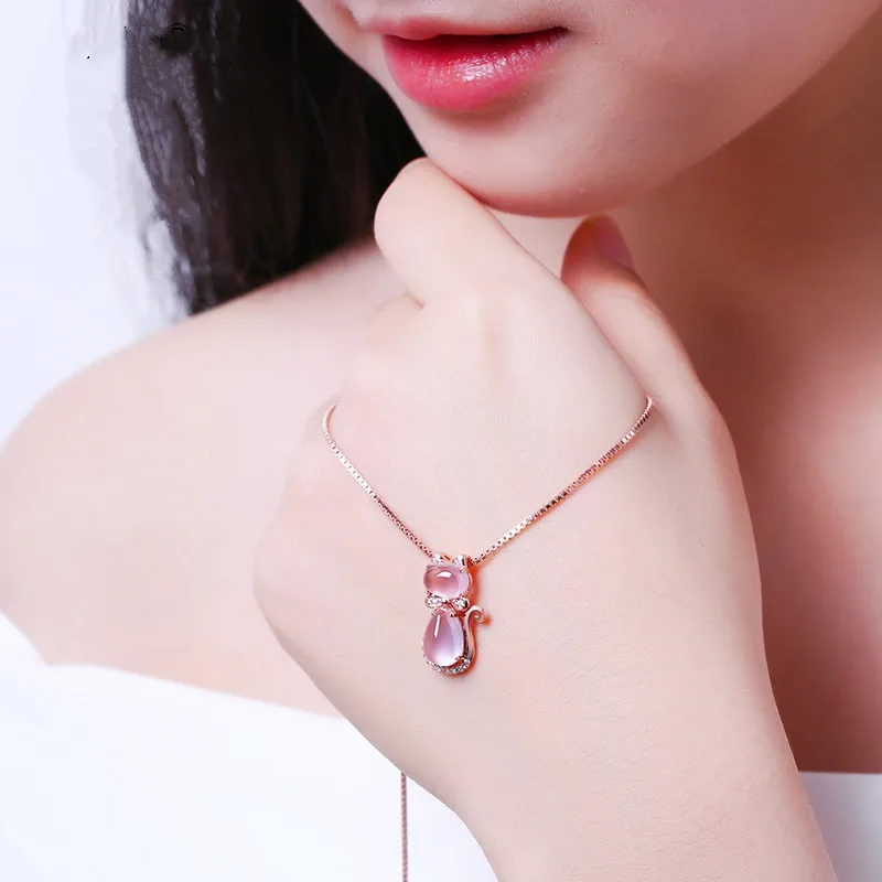

Trendy Opal Stone Flower 925 Sterling Silver Ladies PINK Cat Pendants Original Jewelry for Women Anti Allergy Gifts for Women