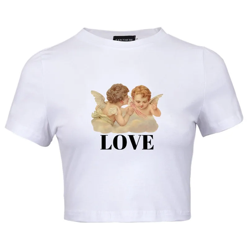 

2021 Summer Fashion T-shirt Cupid LOVE Letter Printed Short Sleeve O Neck Crop Top Women Casual Basic Slim Soft Tees W102177