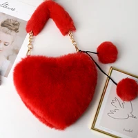 ladies solid color chain handbags cute heart shape small mini purse women fluffy fur love shoulder messenger bag with headbands