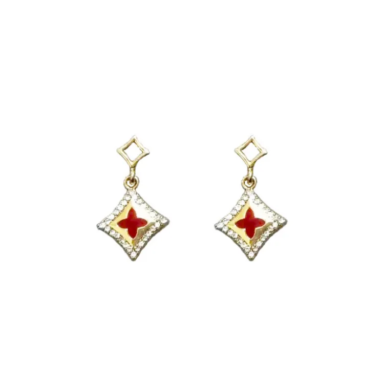 

Korean Crystal Clover Dangle Earrings Double Rhombus Stud Earrings Red Vintage Geometric Earrings for Women Jewelry Wholesale