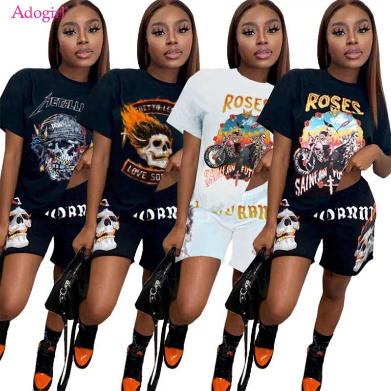

Adogirl Street Style Short Sleeve T-Shirt Shorts Suit Skull Print Women Fashion Boyfriends Tracksuit Loose Casual 2 Piece Set