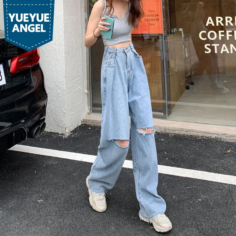 

Women High Waist Hole Ripped Jeans New Summer Thin Loose Fit Denim Wide Leg Pants Streetwear Casual Trousers Female XS-XL