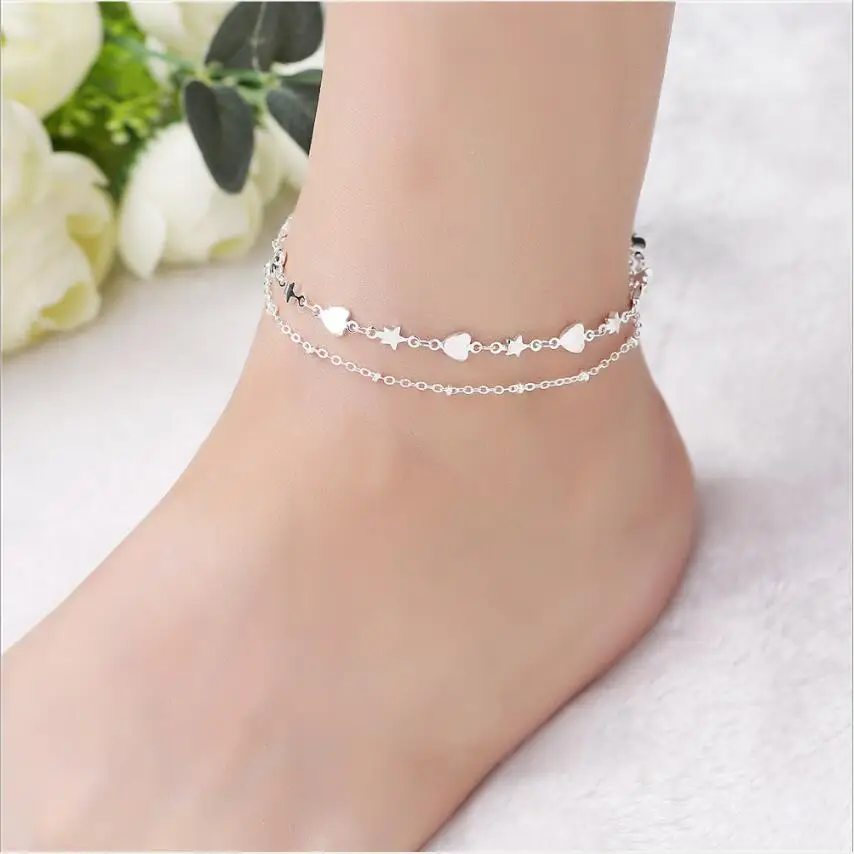 

Silver Anklet For Women Bohemian Heart and Star Foot Jewelry Summer Beach Barefoot Anklet Leg Chain S1853