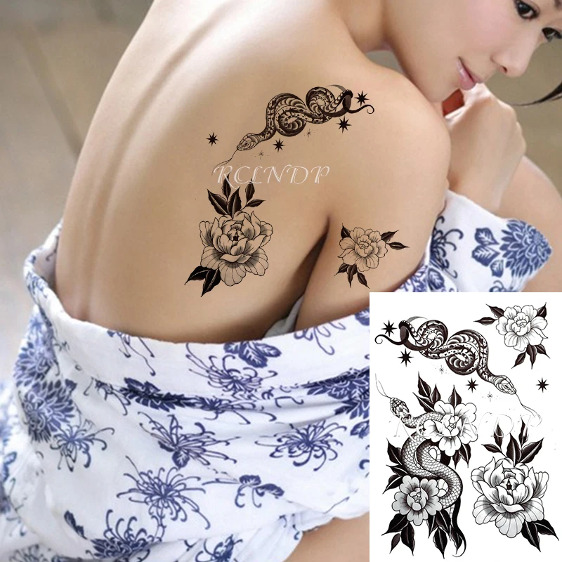 

Waterproof Temporary Tattoo Sticker Snakes Flower Star Element Black Fake Tatto Flash Tatoo Arm Leg Body Art for Women Men