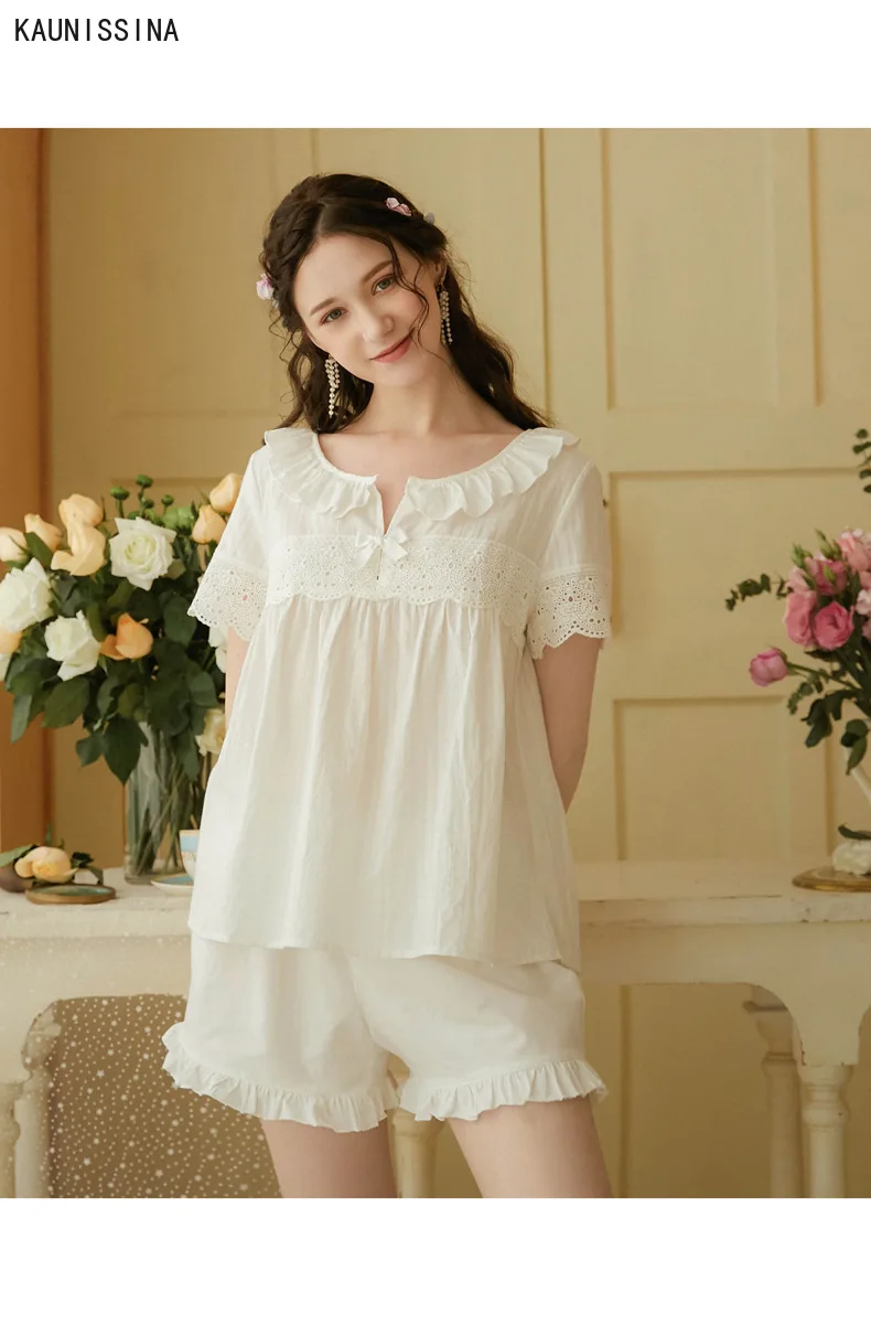 

Women Summer Pajama 100% Cotton Homewear Vintage Shorts Embroidered Lace Tops Shorts White Sleepwear Home Two Piece Pajamas