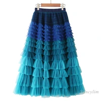 womens long gauze skirt gradient color cake pleated pettiskirt sweet girl fashion fadlas street wear mesh skirts 2021
