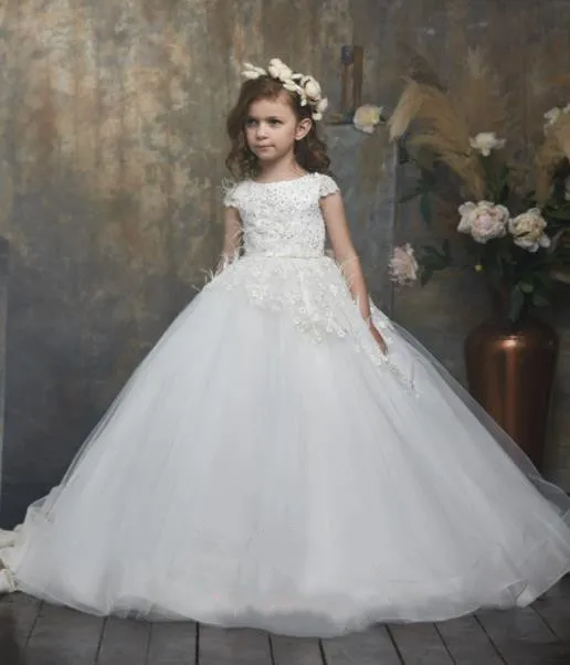 

A-line White Ivory First Communion Gown Lace Pearls Puffy Flower Girl Dress for Wedding Child Size 1-14Y