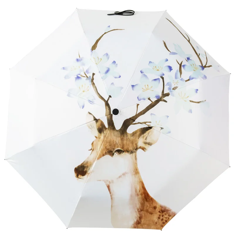 Зонт-тройка женский складной с изображением цветов оленей неавтоматический