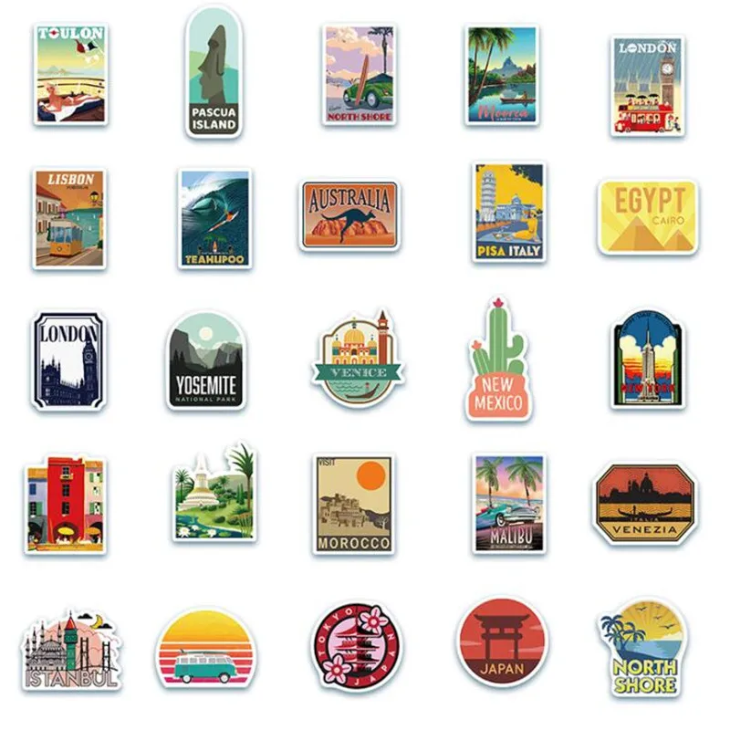 10/30/50PCS City Tourism Landscape Cartoon Graffiti Skateboard Suitcase Laptop Phone Case Body Sticker Waterproof Wholesale - купить по