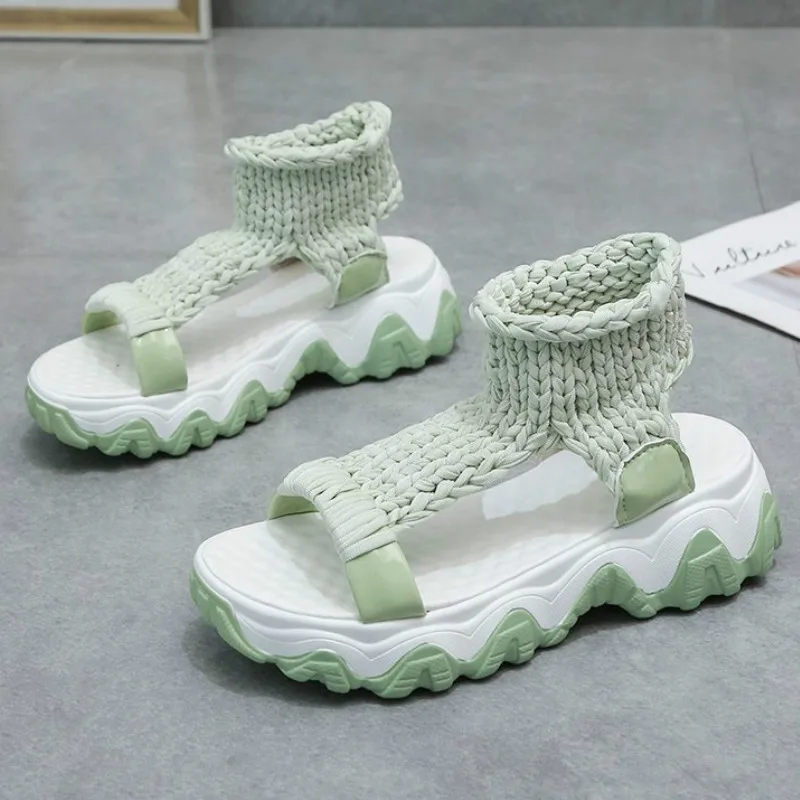 Сандалии женские из эластичной ткани босоножки на платформе без застежки