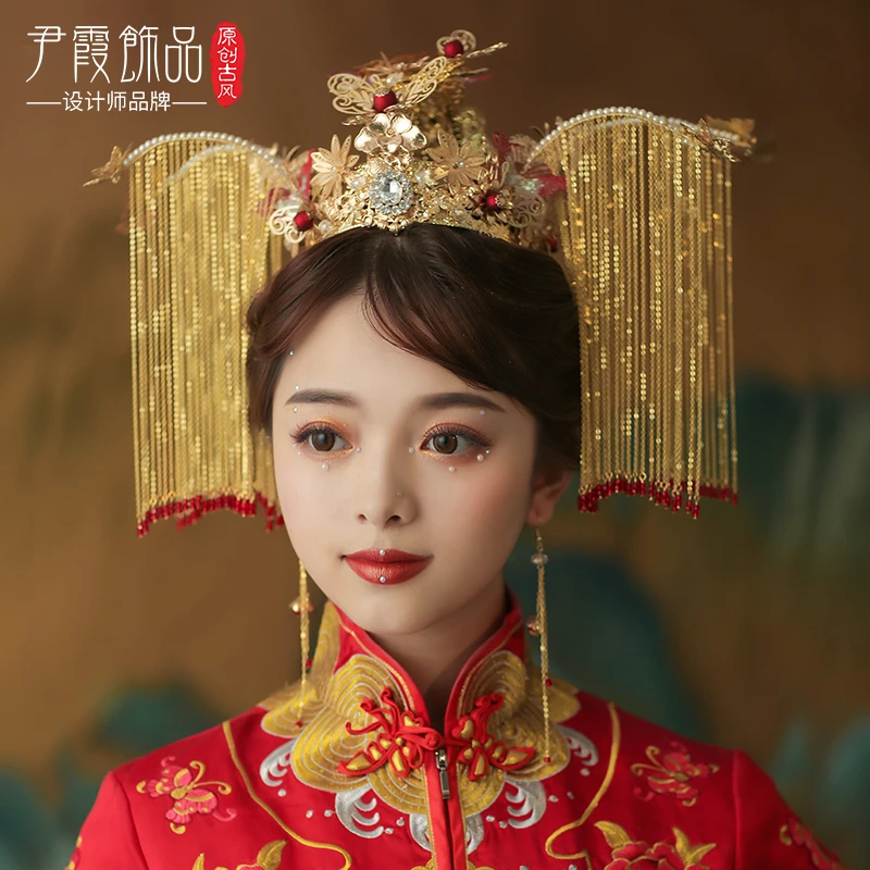 

Chinese wedding headdress Erlong Jiufeng imperial edict Fengguan Xiuhe clothing bride's wedding hair crown Ming made luxury