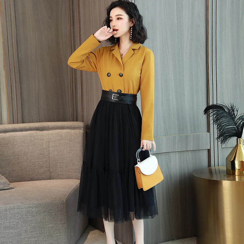 2021 кружевное Сетчатое платье с прострочкой осень 2018 Новинка корейский стиль