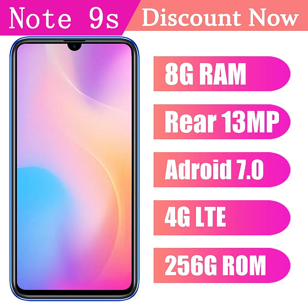 

4G LTE Note 9s Smartphones 8G RAM+256G ROM 6.26inch 13MP Android 7.0 Mobile Phones Cheap Celular Face ID Unlocked Global Version