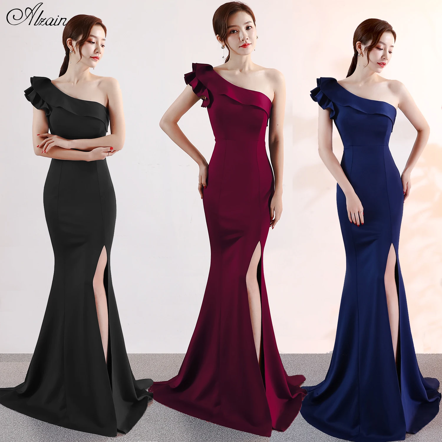 Элегантное вечернее платье с одним плечом и оборками высоким разрезом Бордовое