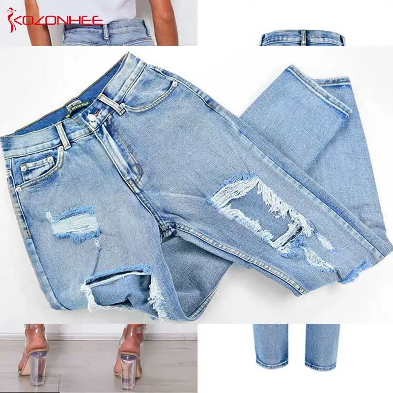 Неэластичные прямые женские джинсы с дырками нестандартные потертые для женщин