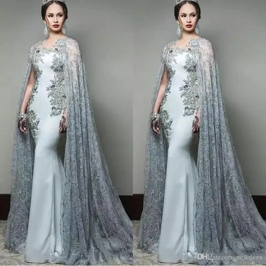 

Latest Mermaid Prom Dresses with Cape Sleeve Jewel Two Pieces Formal Evening Wear Sequined Sweep Train Celebrity Party Dress