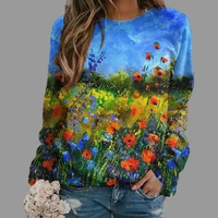 spring essential women trend sweatshirt oil painting flower print clothes long sleeves loose female pullover tops thick blouse
