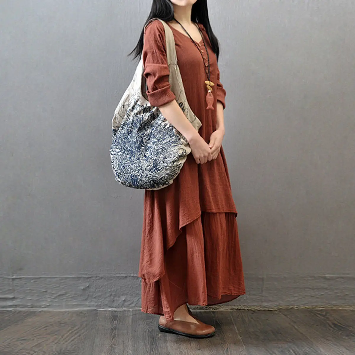 Весна Boho женское V Nekc крестьянское этническое хлопковое льняное Повседневное платье макси с длинными рукавами на пуговицах Несимметричное длинное платье хит