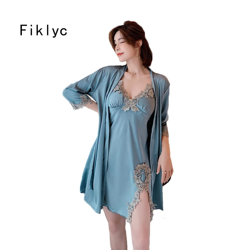 

Fiklyc 2021 New Design Women's Faux Silk Spring Luxury Robe Gown Sets Deep V Neck Pad Chest Trim Sleepwear Nighty Lingerie Suits