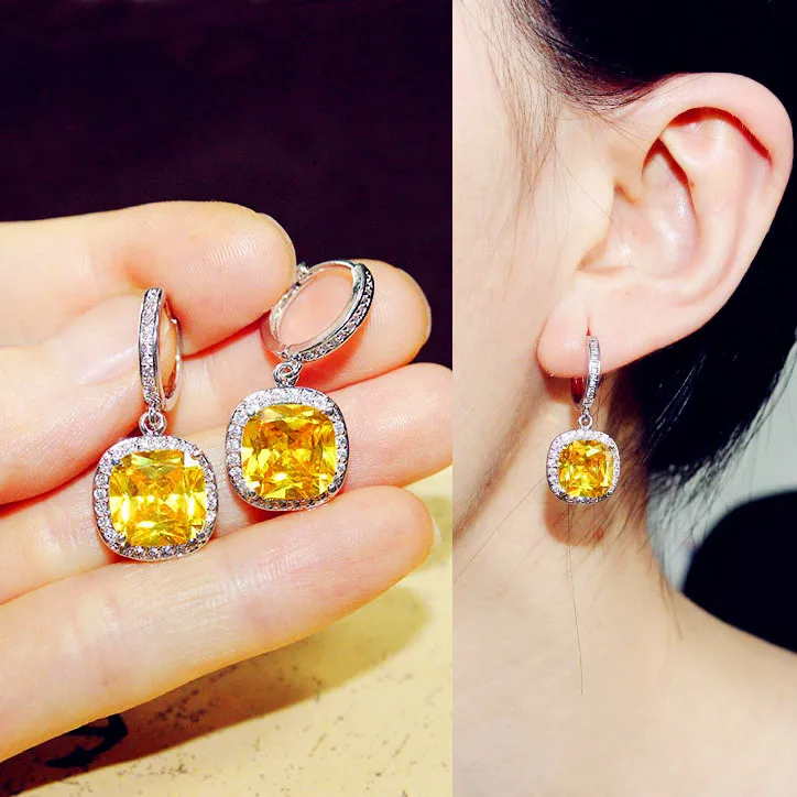

Cute Female Pink Blue Zircon Stone Earrings Elegant Square Hoop Earrings For Women silver color Wedding Earrings