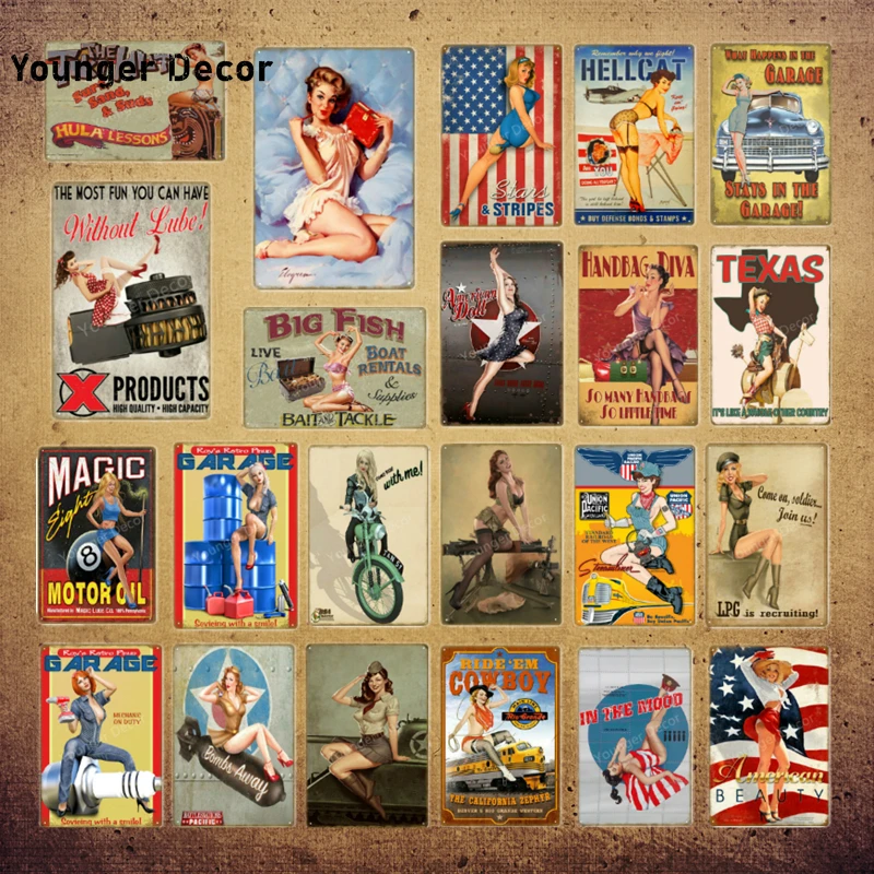 

American Beauty Sexy Lady Girl Metal Signs Pin Up Metal Poster Garage Texas Motor Oil Retro Kraft Decorative Wall Sticker YI-227